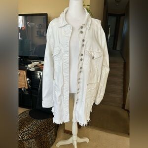 Westbound White Utility Jacket with Frayed Hem and distressed details